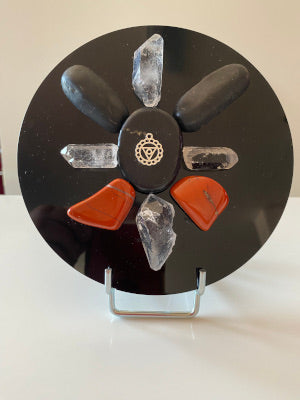 Disque de Lithotherapie, ensemble de pierres anti-ondes magnetiques collees sur un support plexiglas