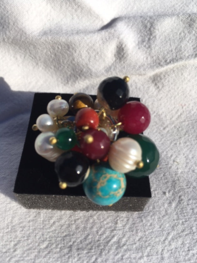 Bague Agathe, Perles, Corail et Turquoise