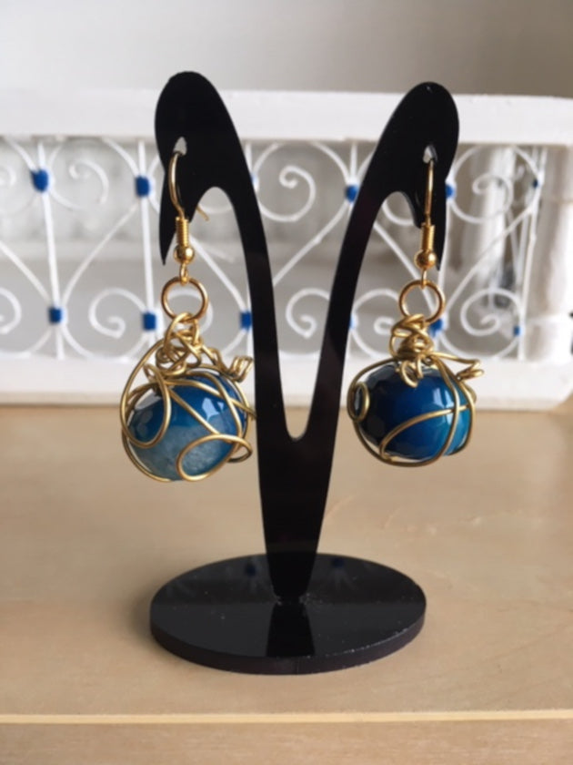 Boucles d'Oreilles en cuivre plaqué or et agate bleue